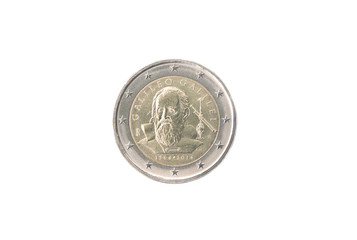 Commemorative 2 euro coin of Italy minted in 2014 over white