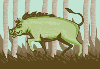 Razorback Wild Pig Boar Attacking Woodcut