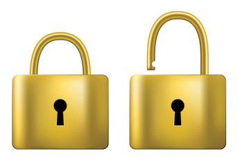 Locked and unlocked Padlock gold isolated on white background