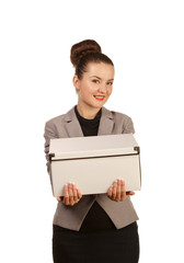 Portrait of pretty woman with box