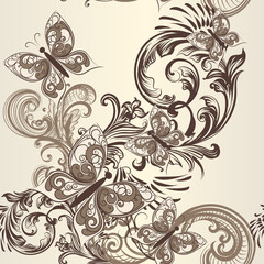 Butterfly seamless vector pattern with ornament