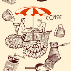 Coffee seamless pattern with cafe table, coffee and cute couple