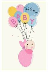Hanging swaddle baby girl arrival card with balloons vector