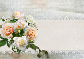 Beautiful vintage background with roses, lace and space for text