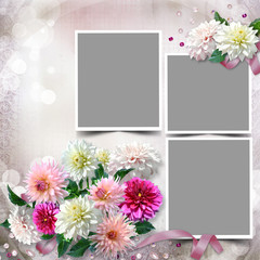 Frame with a bouquet of dahlias in the tender vintage background