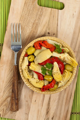 Artichoke, Olive, and Roasted Pepper Antipasto. Selective focus.