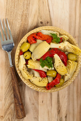 Salad with Marinated Roasted Red Peppers, Artichokes, Olives.