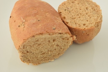 A slice of bread on a chopping board.