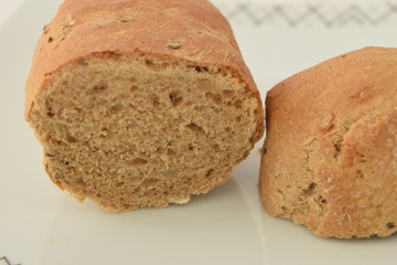 A slice of bread on a chopping board.