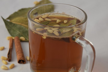 Tea with pine nuts bay leaves and cinnamon.