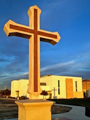 Christian Cross Sunset Blue Sky with Shadow on Church