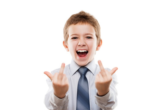 Smiling child boy gesturing middle finger obscene sign for negat