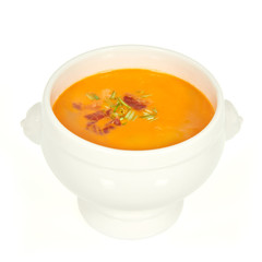 Tomato soup in a white bowl