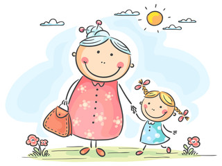 Girl and her granny on a walk