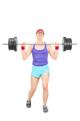 Nerdy athlete attempting to lift a weight