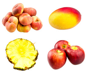 Fresh flat peaches, red apples, whole Mango fruit and Pineapple