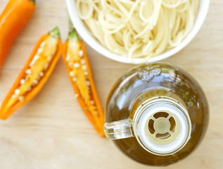italian pasta with fresh herbs and olive oil on kitchen