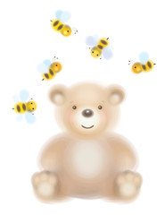 Vector cute  bear and bees isolated.