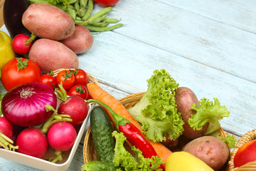 Summer frame with fresh organic vegetables and fruits