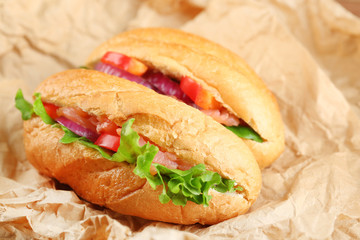 Sandwiches with salmon on paper background