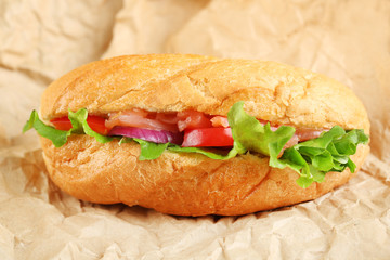 Sandwich with salmon on paper background