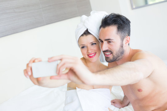 Couple Taking Selfie after Shower