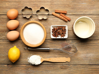 Food ingredients and kitchen utensils for cooking