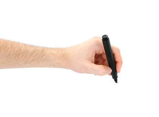 Male hand with black marker isolated on white