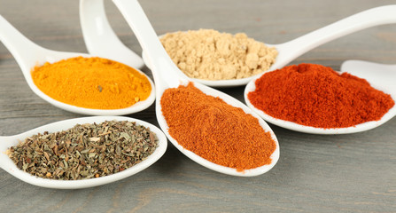 Different kinds of spices in spoons on wooden background