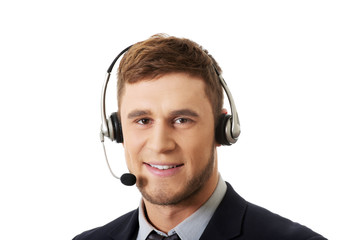 Happy smiling customer support phone operator.