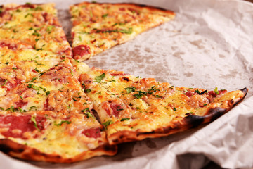 Tasty pizza on paper close up