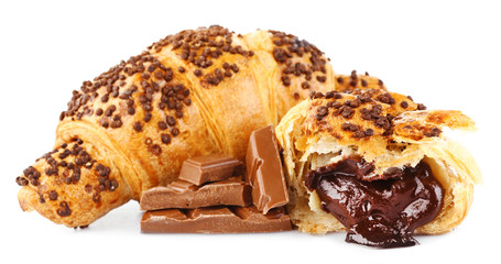 Fresh and tasty croissants with chocolate, isolated on white