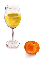 A drawing of a glass of white wine a, bright