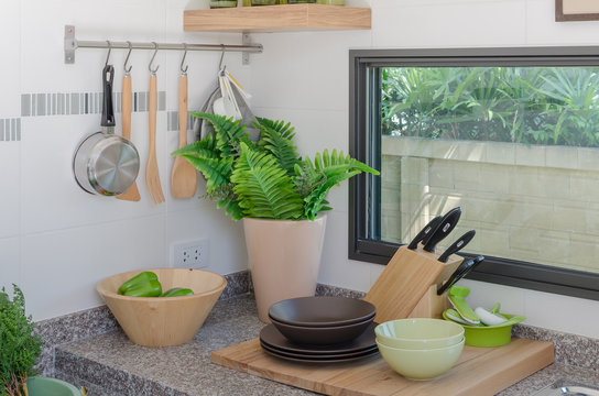 kitchen counter with utensil prepared for cooking