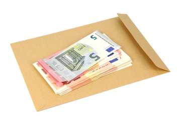 envelope and money on a white background