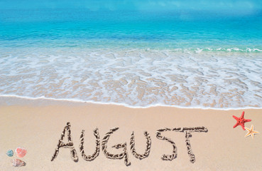 august on a tropical beach - obrazy, fototapety, plakaty