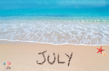 july on a tropical beach - obrazy, fototapety, plakaty