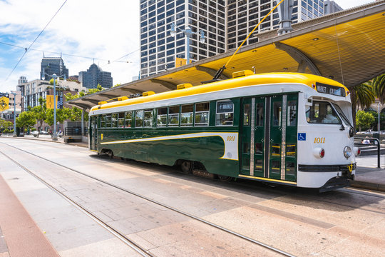 The green white yellow tram in San Francisco
