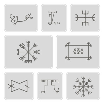 set of monochrome icons with mascots of Scandinavian warriors