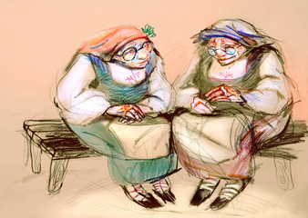 Two old women in traditional Balkan clothes