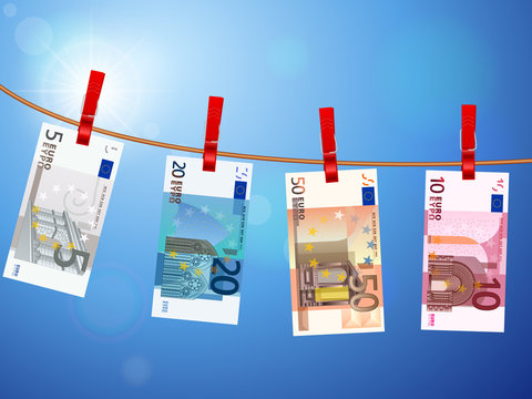 euro banknotes on clothesline