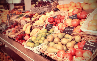Shelf with fruits, toned