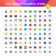 100 Universal Icons in Material Design Color Palette set 1
