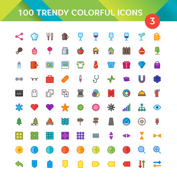 100 Universal Icons in Material Design Color Palette set 3