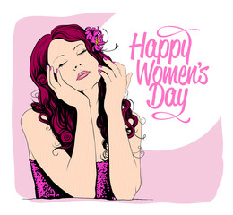 8 march women day card with portrait of a woman