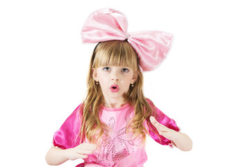 Emotional portrait. Little girl dressed as doll.