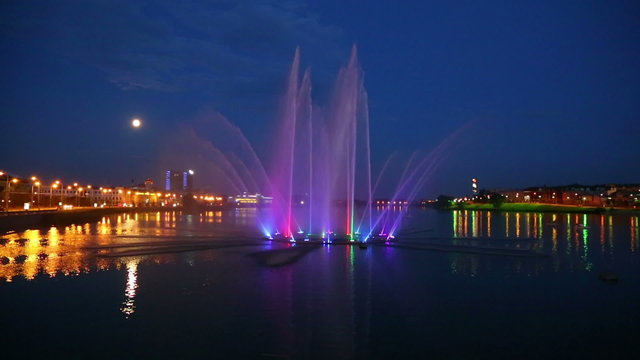 Fountain on the lake Kaban at night in Kazan, Tatarstan, Russia 