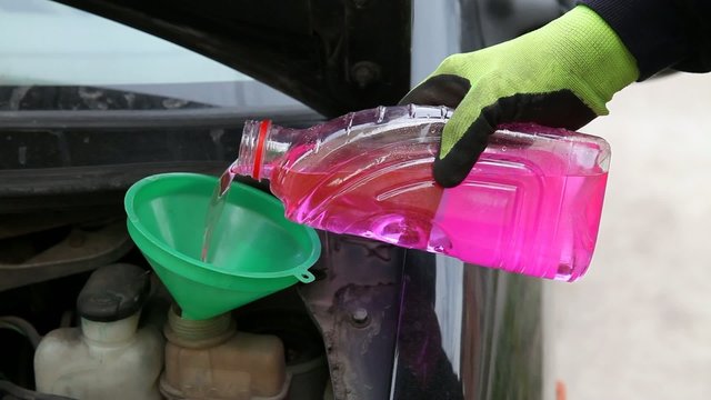 Automotive, car servicing, mechanic pouring fresh antifreeze