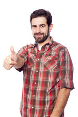 Handsome casual man giving thumbs up sign, isolated on white bac