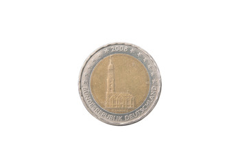 Commemorative 2 euro coin of Germany minted in 2008 over white